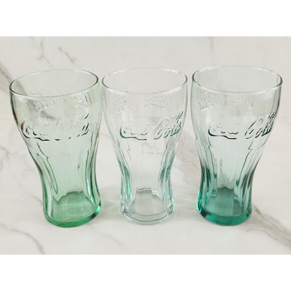 Coca Cola Libbey Drinking Glasses 16z Embossed Logo 6" Green White Blue x3 - Picture 6 of 14
